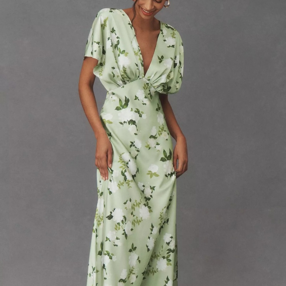 BHLDN Leila Deep-V Flutter-Sleeve Satin A-Line Gown, Meadow Mist, Size 6